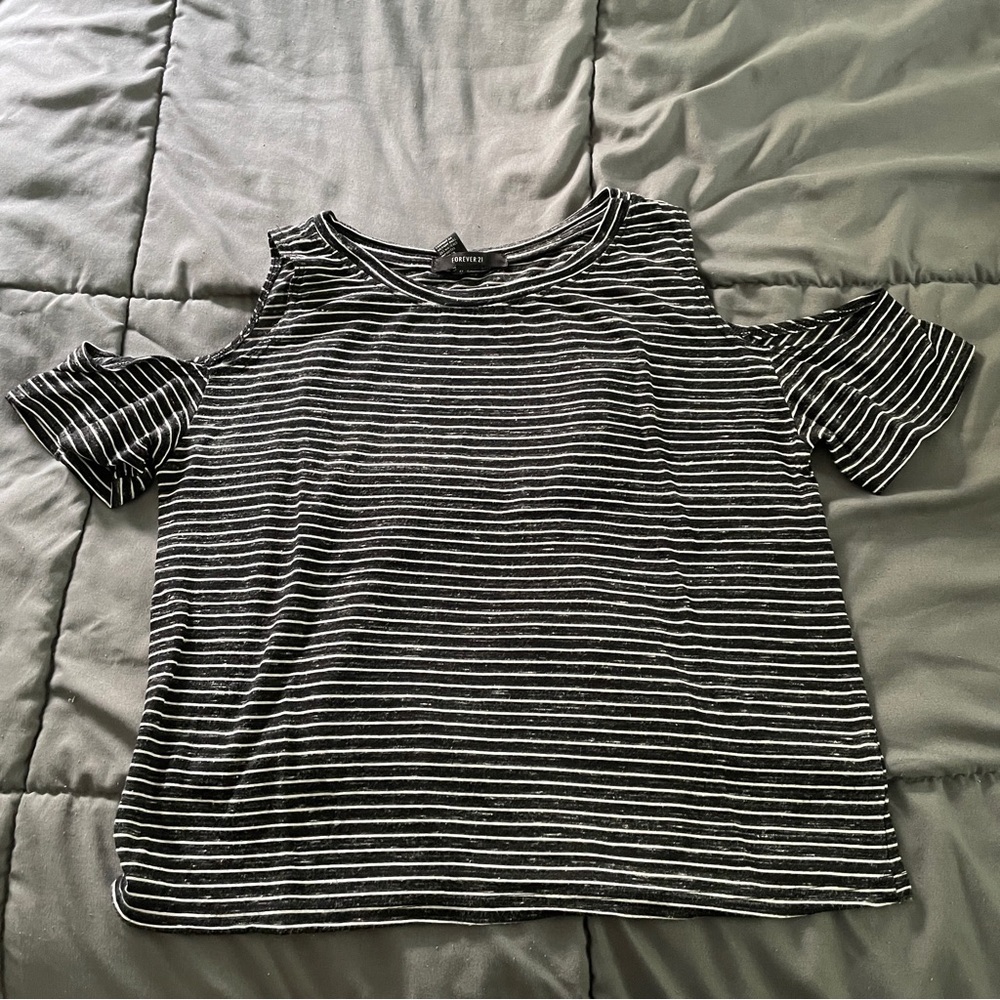 Forever 21 Navy Blue & White Striped Cold Shoulder Top